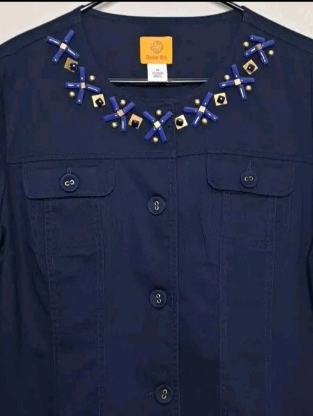 Rudy Rd Blazer Jacket Navy Jeweled Long Sleeve Jeweled Art To Wear Preppy Sz 14